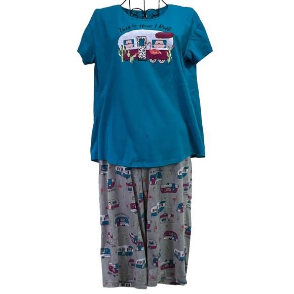 Secret Treasures 2PC Camping Pajama Lounge Set Turquoise Gray Size S/CH (4-6) - Picture 1 of 11